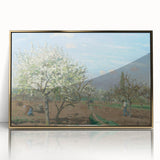 Mid-century modernist art featuring Camille Pissarro's design in muted earth tones, framed in gold acrylic.