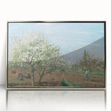 Mid-century modernist art of a rural landscape in muted greens and browns, acrylic print in silver frame.