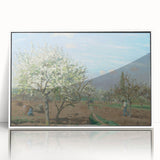 Art deco poster of a Camille Pissarro painting in subtle earth tones, framed in white acrylic, suitable for nursery wall art.