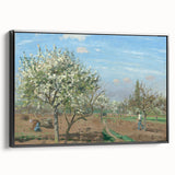 Black and white framed canvas of a Camille Pissarro landscape painting, ideal for bedroom wall decor.