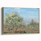 Framed canvas depicting a Camille Pissarro landscape, featuring muted greens and blues, ideal for bedroom wall art.