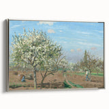 Framed canvas of a Camille Pissarro landscape painting, featuring colorful rural scenery, ideal for living room decor.