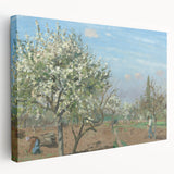 Camille Pissarro impressionist painting on stretched canvas, featuring a rural landscape with muted earth tones.