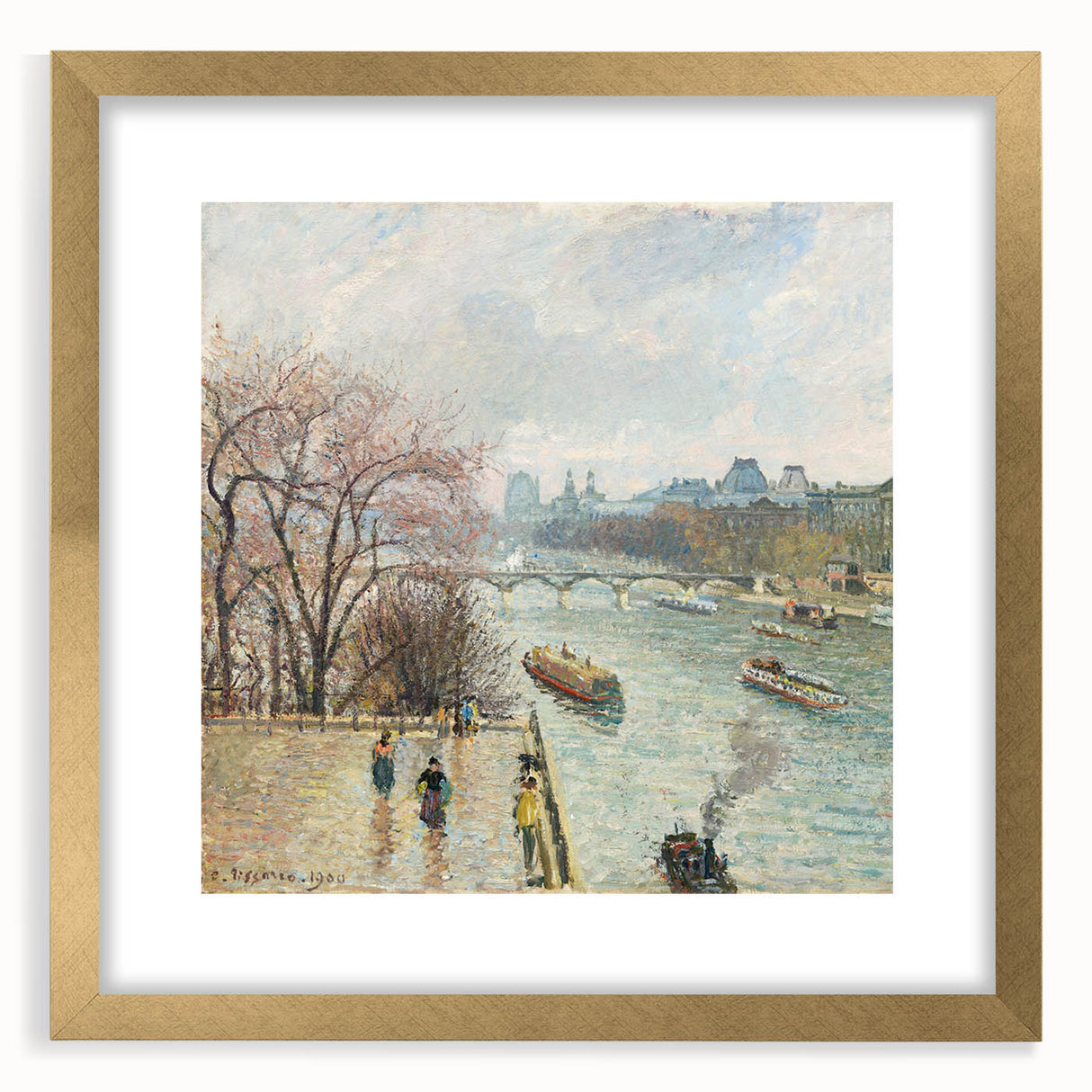 Extra large framed wall art featuring an abstract print of Camille Pissarro's textured design in gold tones.
