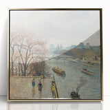 Large art print of a Camille Pissarro landscape in a gold frame, featuring soft green and blue tones.