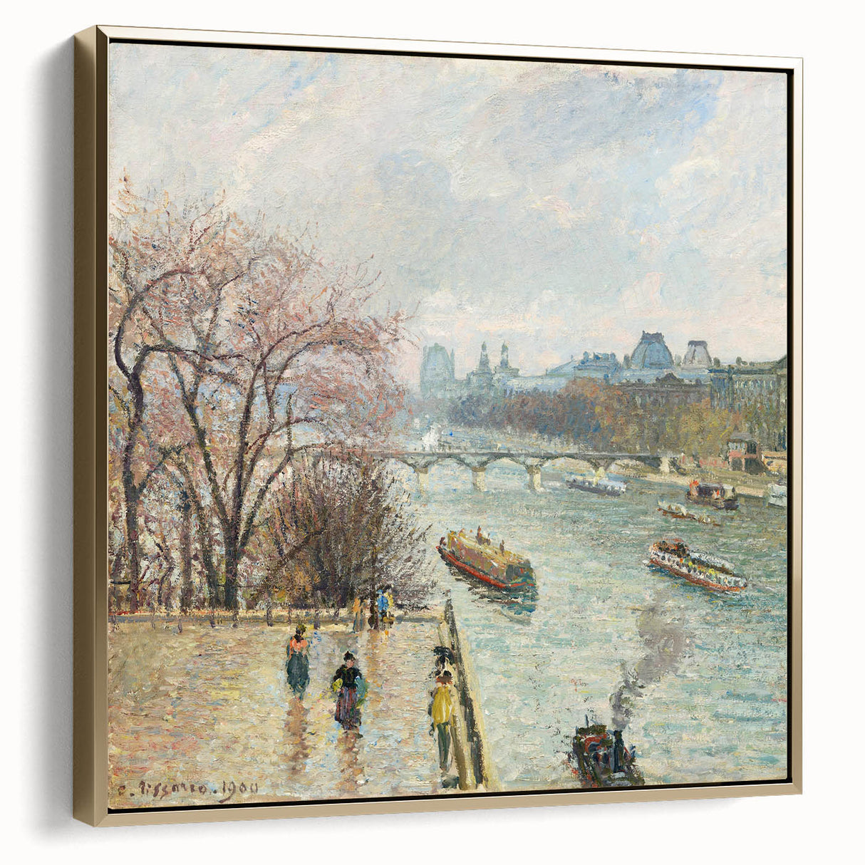 Framed canvas featuring a vintage-style landscape painting by Camille Pissarro, with muted earth tones.