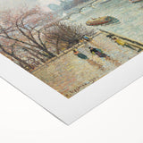 Art deco poster of a Camille Pissarro painting on rolled canvas, featuring muted earth tones, ideal for dining room wall art.