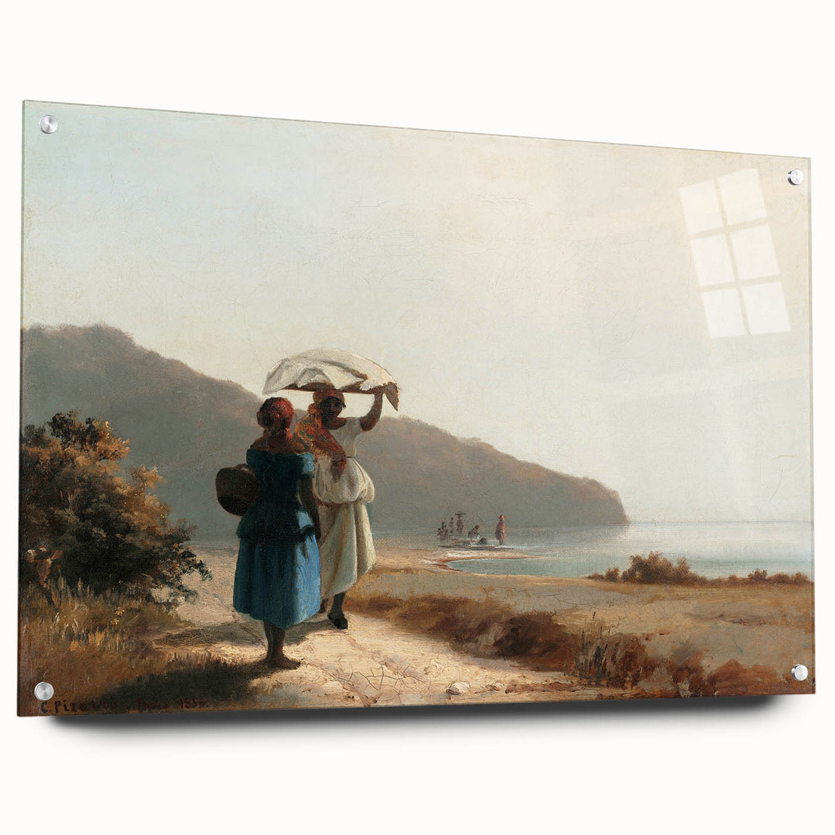 Acrylic glass print of a Camille Pissarro-inspired landscape in soft green and blue tones.