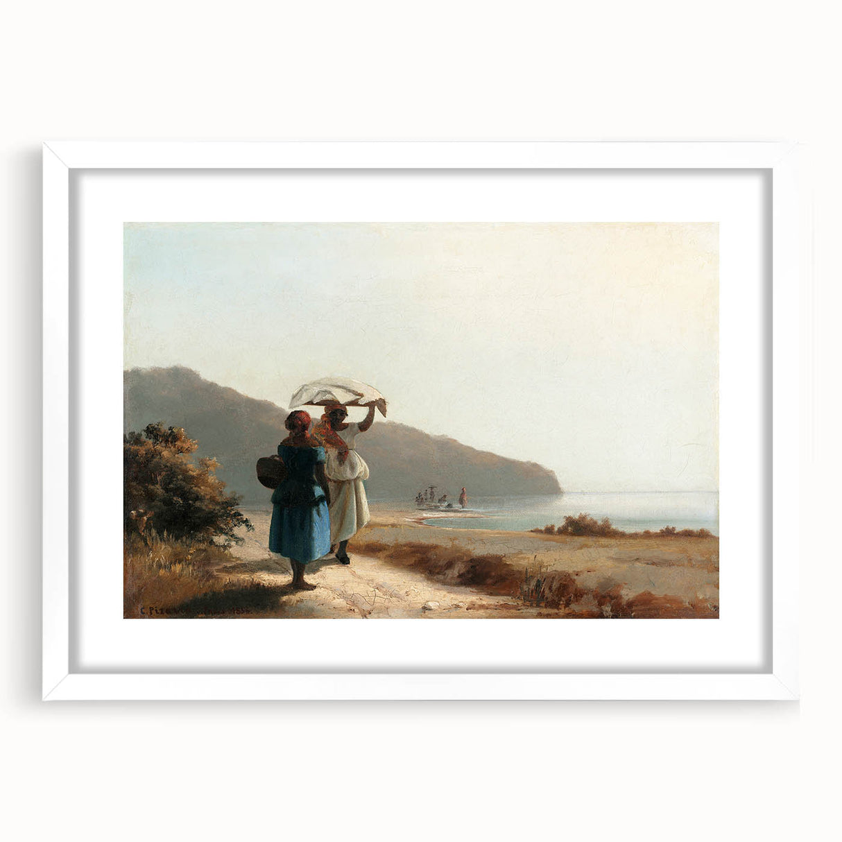 Abstract art print of a colorful, impressionistic landscape on a white-framed canvas.