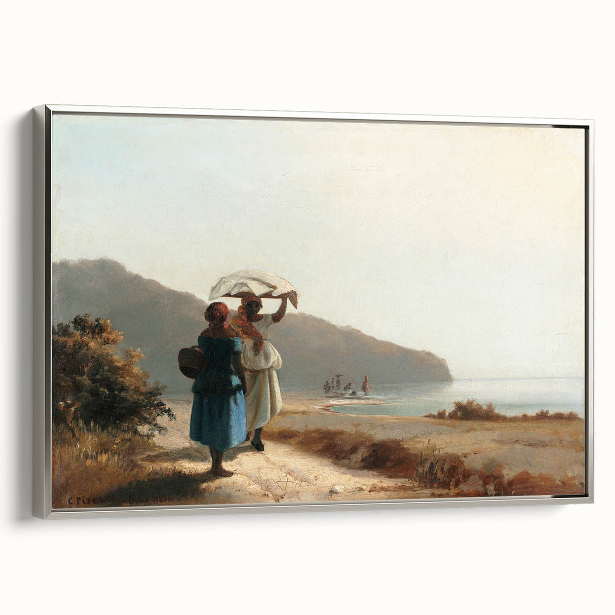 Framed canvas featuring a Camille Pissarro landscape painting with colorful foliage and a silver frame.