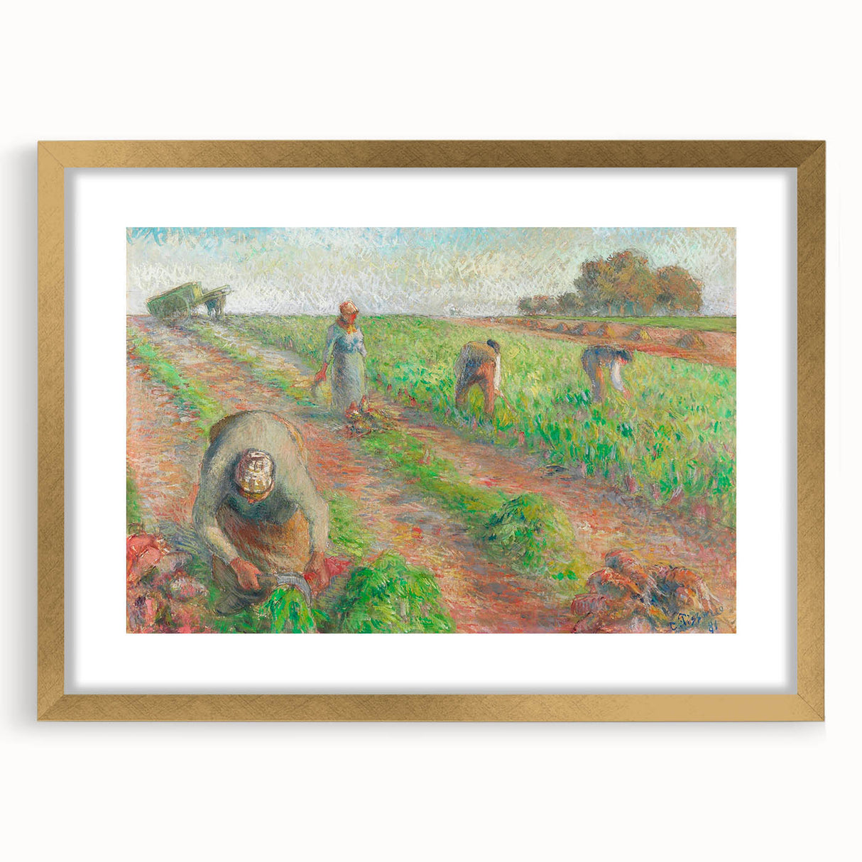 Extra large abstract art print of textured scenery in muted earth tones, framed in gold, ideal for living room decor.
