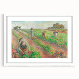 Abstract art print of a colorful Pissarro landscape on a white-framed canvas, ideal for dining room decor.