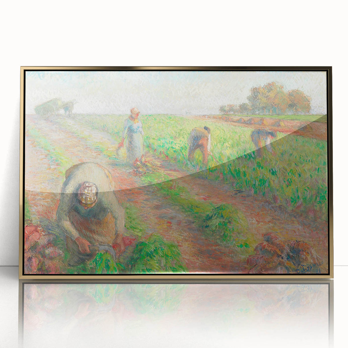 Large art print of Camille Pissarro's landscape painting in a gold frame, featuring soft green and blue tones.