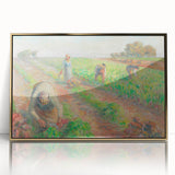 Large art print of Camille Pissarro's landscape painting in a gold frame, featuring soft green and blue tones.
