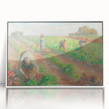 Art deco poster featuring a Camille Pissarro design, framed in white acrylic, with muted earth tones.