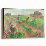 Framed canvas featuring a vintage-style landscape painting by Camille Pissarro with muted earth tones.