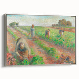 Landscape art painting by Camille Pissarro featuring colorful rural scene, framed canvas in silver.