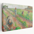 Camille Pissarro-inspired impressionist artwork on stretched canvas, featuring rural landscape in soft green and blue tones.