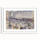 Abstract art print of a Camille Pissarro design in white frame, featuring muted earth tones.
