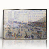 Mid-century modernist art by Camille Pissarro, featuring soft pastel colors, framed in silver acrylic.