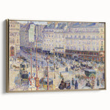 Framed canvas of a Camille Pissarro landscape painting in muted earth tones, ideal for bedroom wall art.