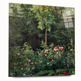 Side view of a Camille Pissarro-inspired large abstract wall art on acrylic glass, with muted earth tones.