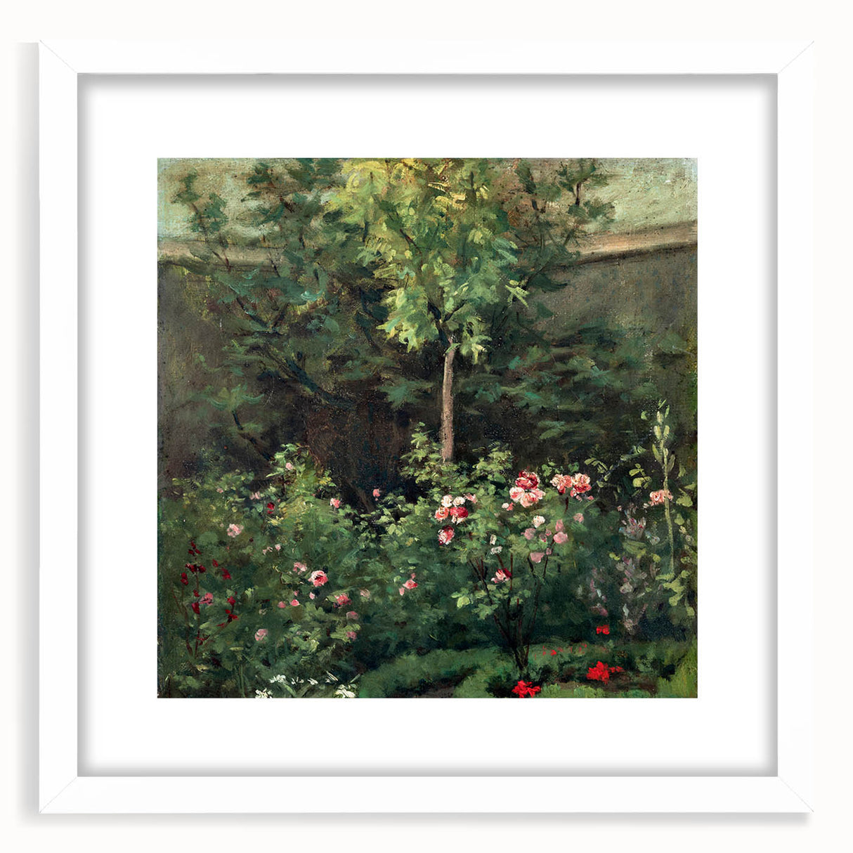 Abstract art print of a colorful, impressionistic landscape on a white-framed canvas.