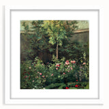 Abstract art print of a colorful, impressionistic landscape on a white-framed canvas.