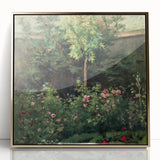 Mid-century modernist art featuring a Camille Pissarro-inspired landscape in muted earth tones, framed in gold acrylic.