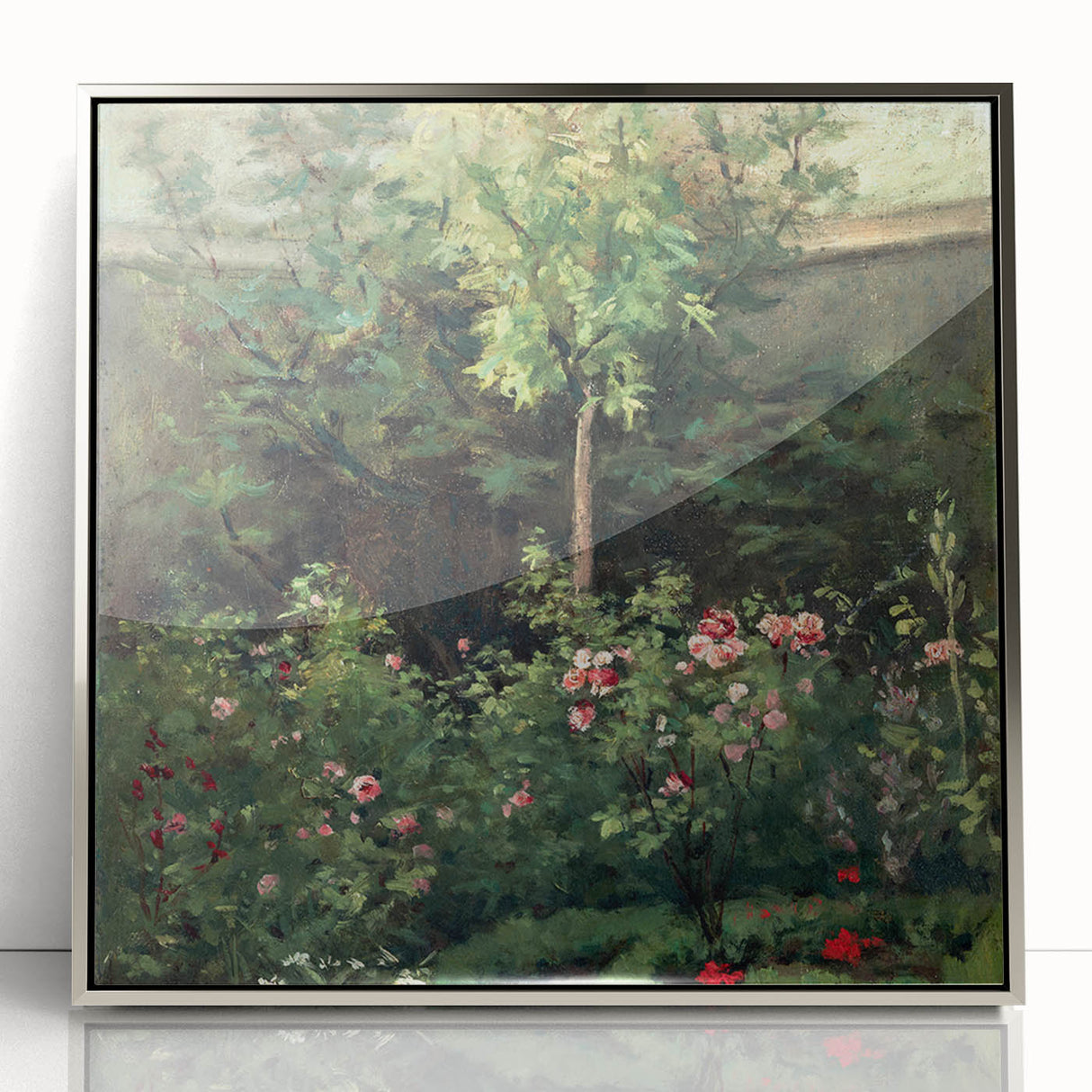 Mid-century modernist art by Camille Pissarro, featuring a pastoral landscape in soft green and blue tones.