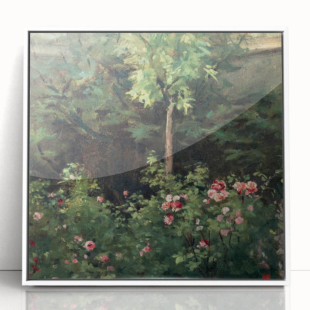 Art deco poster featuring a Camille Pissarro landscape, in a white acrylic frame.