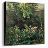 Black and white framed canvas of a vintage poster-style landscape painting, ideal for bedroom wall decor.