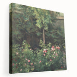 Side view of a stretched canvas featuring Camille Pissarro's impressionist artwork with soft earth tones.