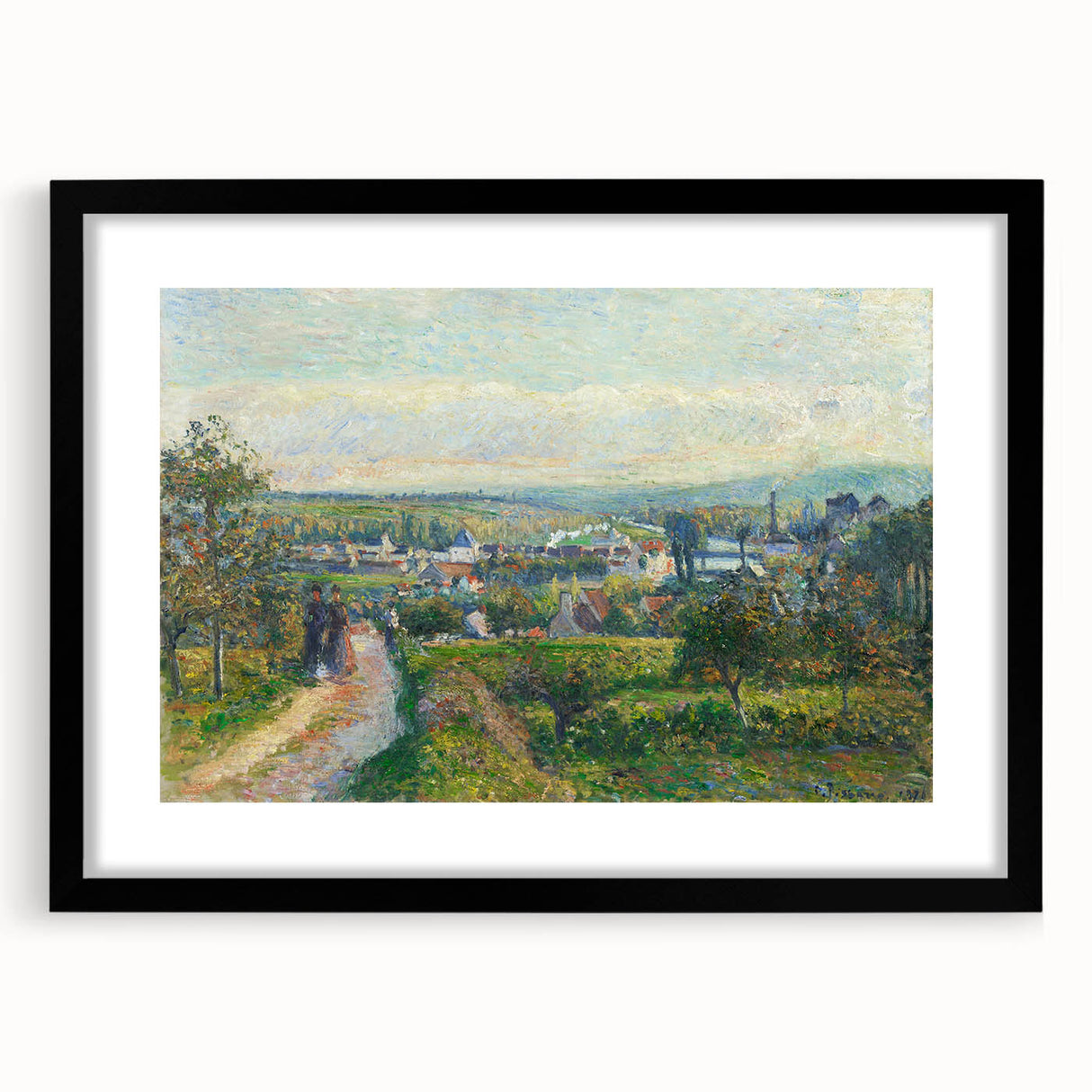 Extra large abstract art print featuring a colorful, textured depiction of a rural scene on a black-framed canvas.