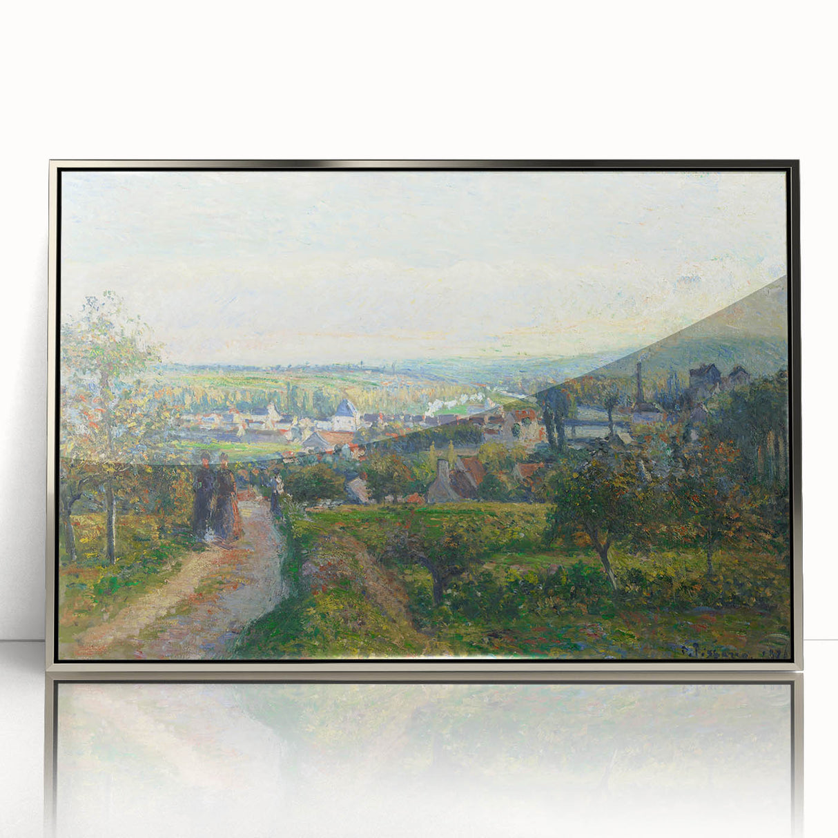 Mid-century modernist art featuring an acrylic print of a Camille Pissarro painting, with muted earth tones.
