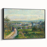 Black and white landscape painting by Camille Pissarro, vintage poster art on framed canvas, ideal for bedroom wall decor.