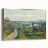 Framed canvas of a Camille Pissarro landscape painting in muted earth tones, ideal for bedroom wall art.