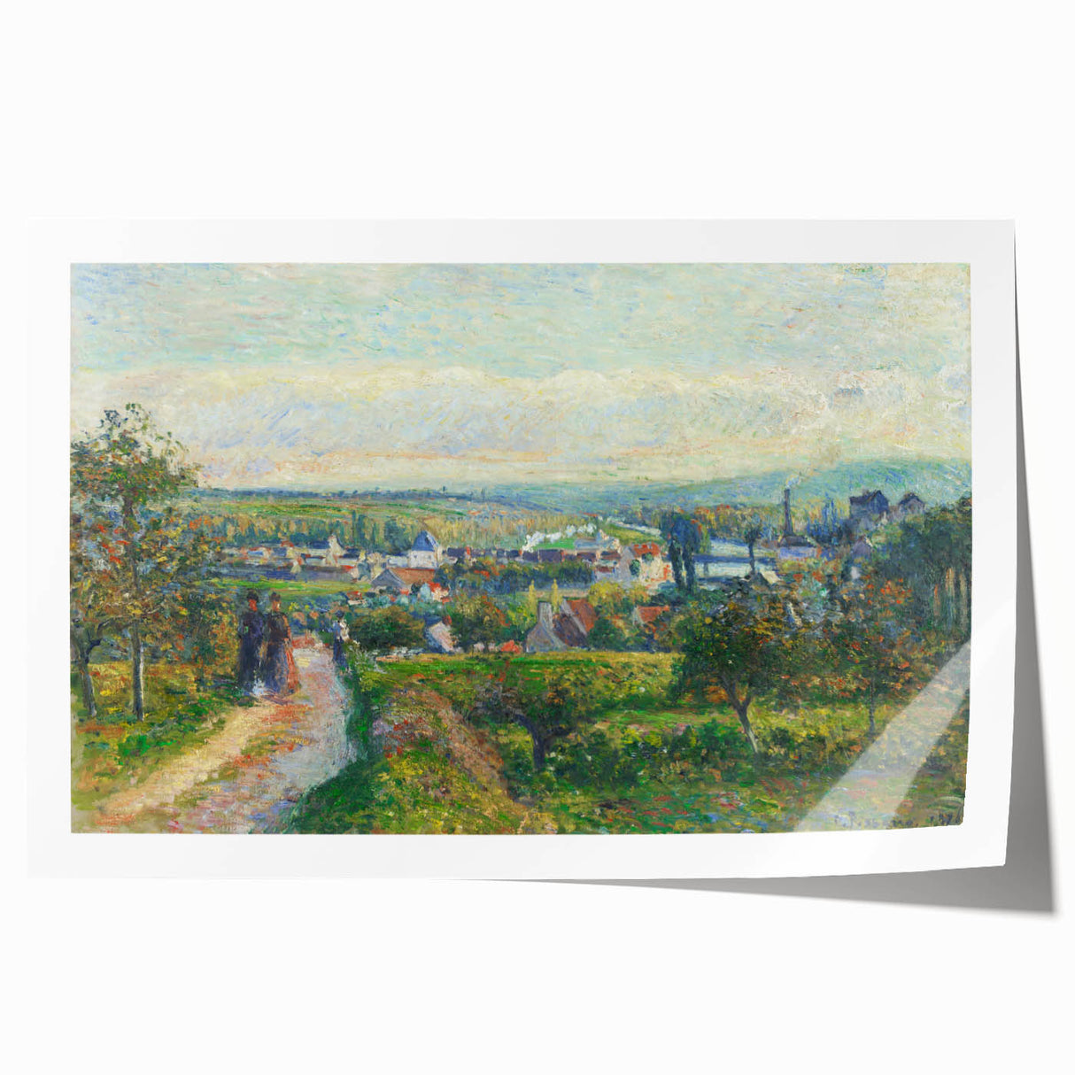 Rolled print of Camille Pissarro's floral painting in soft green and pink tones.