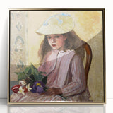 Mid-century modernist art print of a Camille Pissarro painting, featuring muted earth tones, framed in gold acrylic.