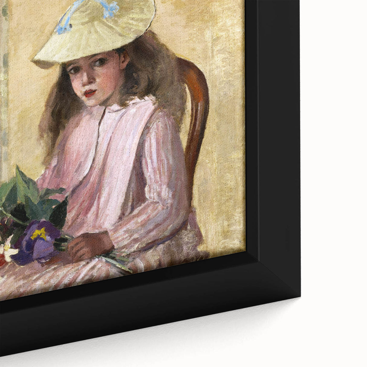 Close-up of a textured, extra large black wall art featuring colorful, impressionist-style strokes on a framed canvas.
