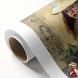 Art deco poster of a serene landscape in soft green and blue tones, rolled canvas, ideal for nursery wall art.