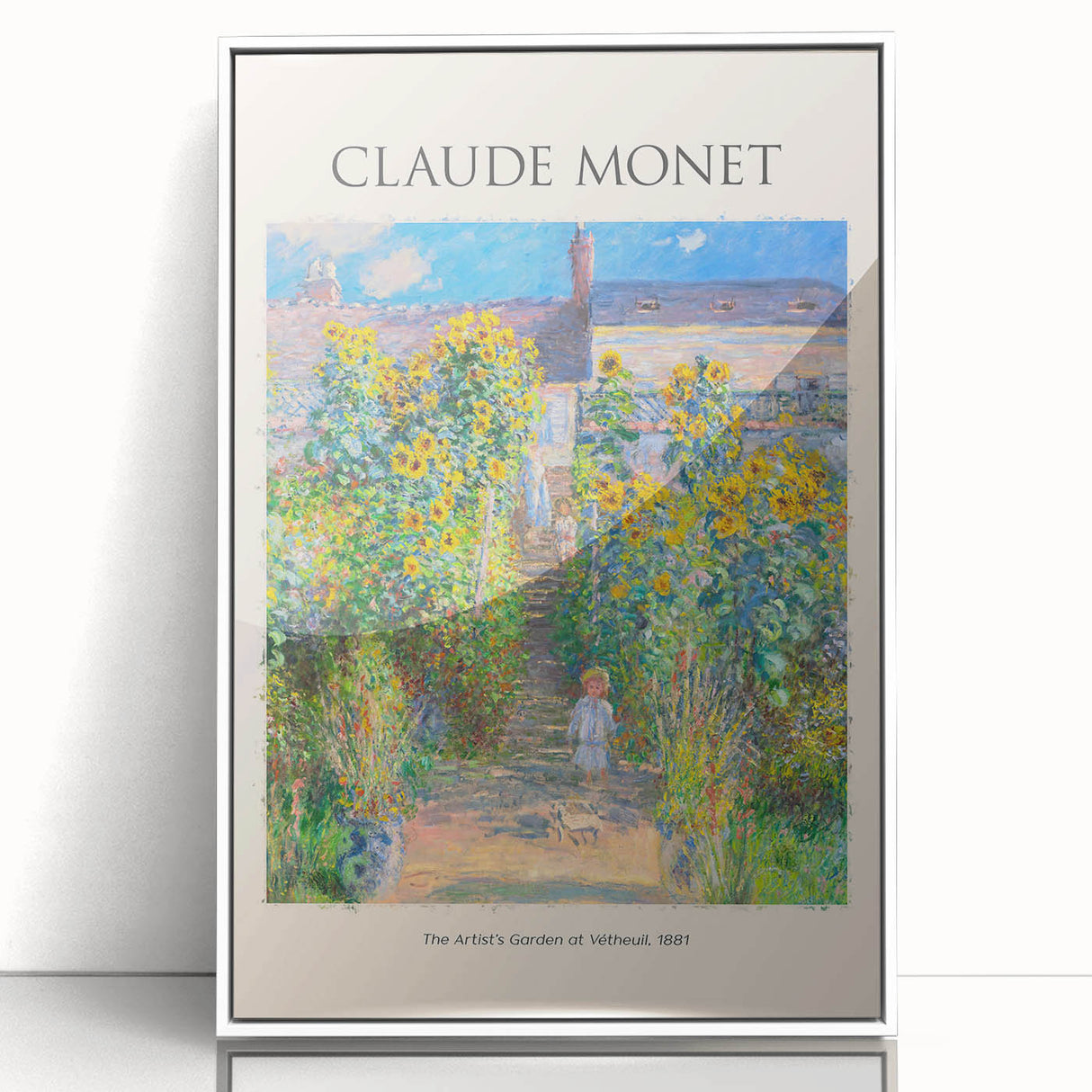 Acrylic print of Claude Monet's impressionist painting in muted greens and blues, framed in white.