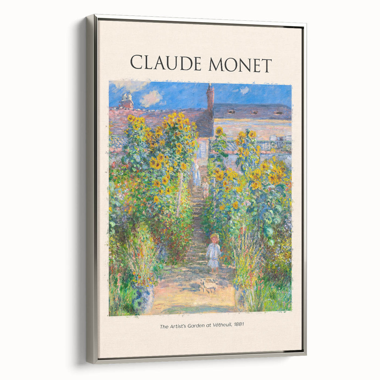 Framed canvas of Claude Monet's landscape art painting, featuring vibrant colors on a black background.