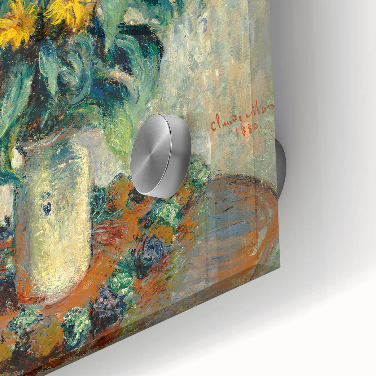 Close-up of a large abstract art print by Claude Monet in mid-century modernist style, featuring muted blue and green tones.