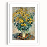 Abstract art print of Claude Monet-inspired lilies in muted blues and greens, framed with a white mat.