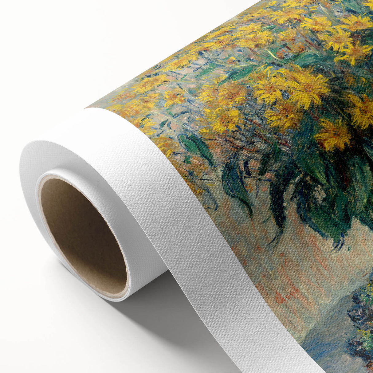 Art deco poster of Claude Monet's impressionist painting on rolled canvas, with soft pastel hues, ideal for nursery wall art.