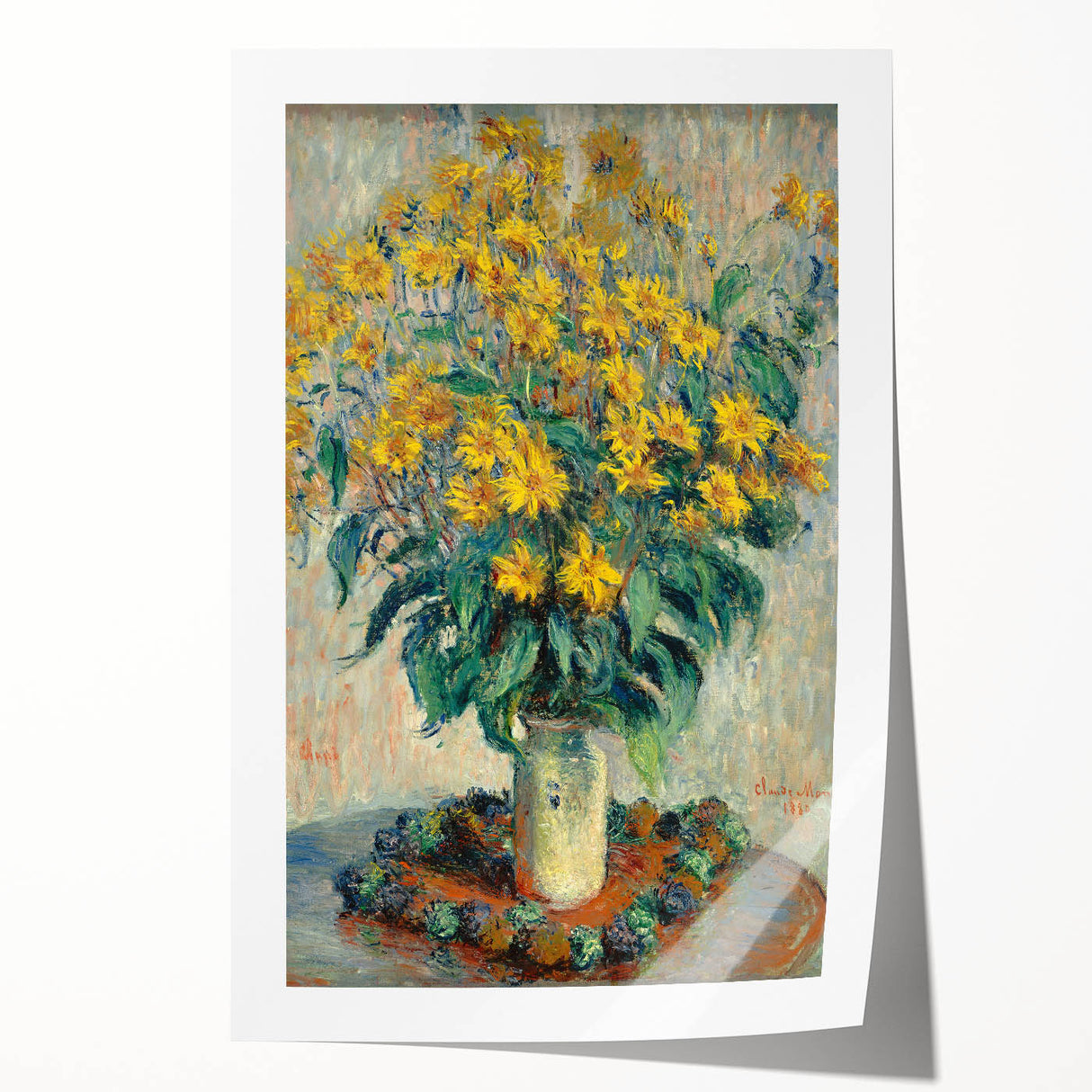 Extra large rolled print of a Claude Monet floral painting in soft pastel shades.