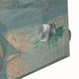 Large abstract wall art by Claude Monet in muted blues and greens, acrylic print, suitable for dining room ambiance.
