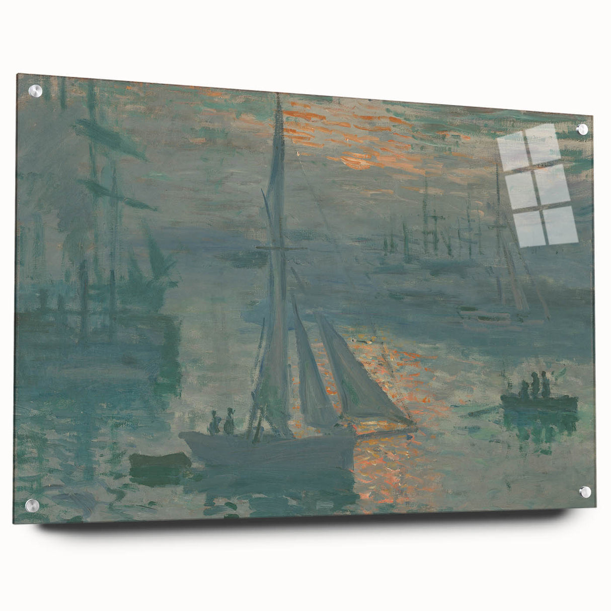 Acrylic print of a Claude Monet-inspired landscape with soft blues and greens, suitable for bedroom or dining room decor.