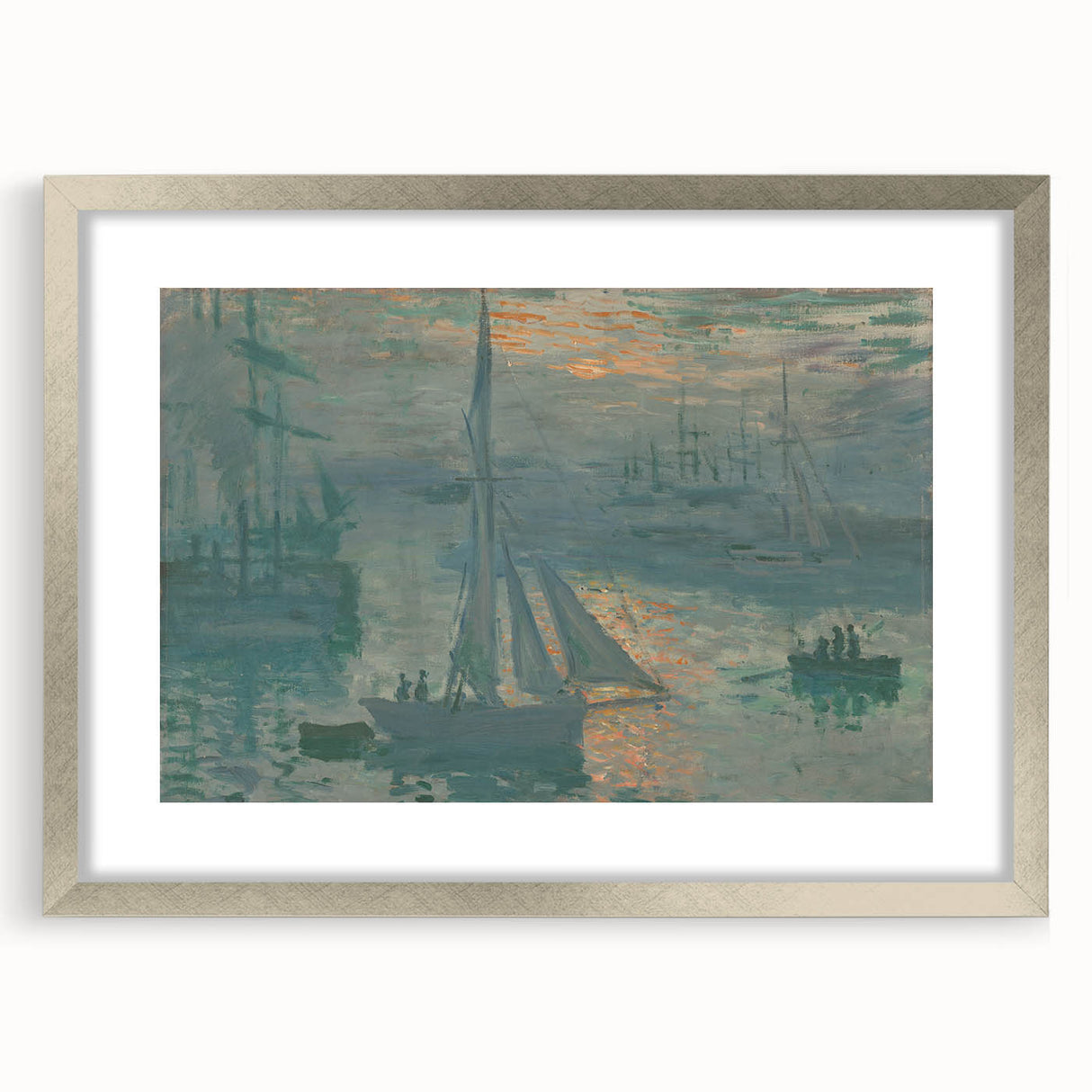Textured art depicting a Claude Monet-inspired abstract scene with muted greens and blues, framed in silver.